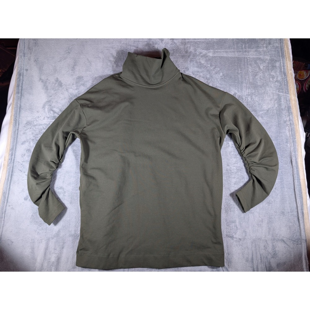 Peruvian Connection Olive Green Ruched Sleeve Turtleneck French Terry Small S